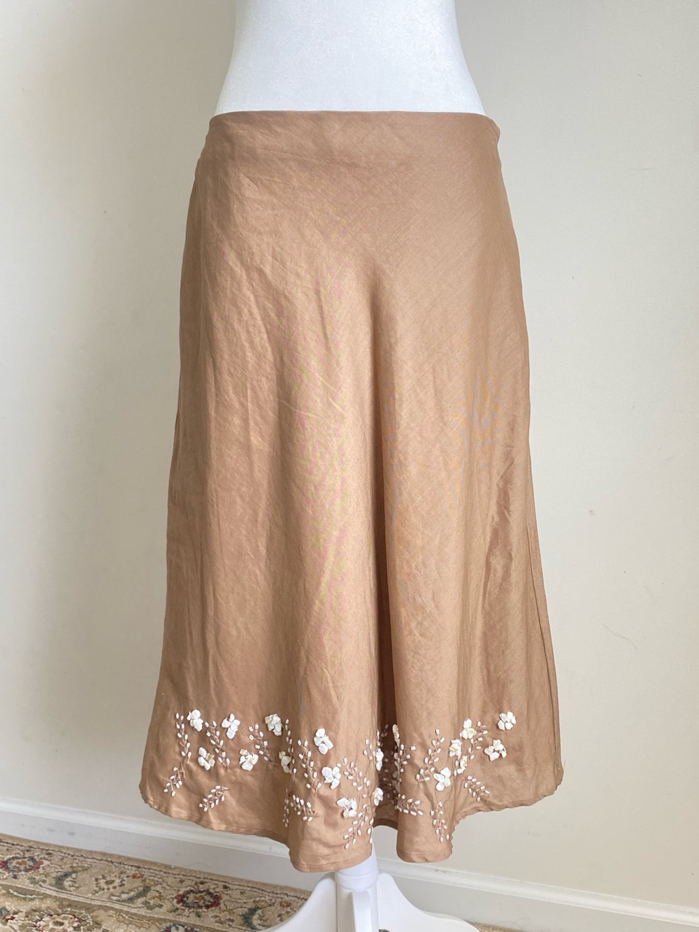 Vintage Beaded Hem Ramie A Line Flared Midi Skirt Bohemian Earthy Sz  M